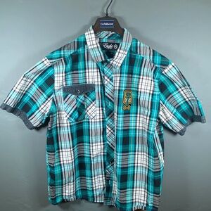 EIGHT 732 Men's 3XL Charcoal Teal & Gray Plaid Button Front Short Sleeve Shirt